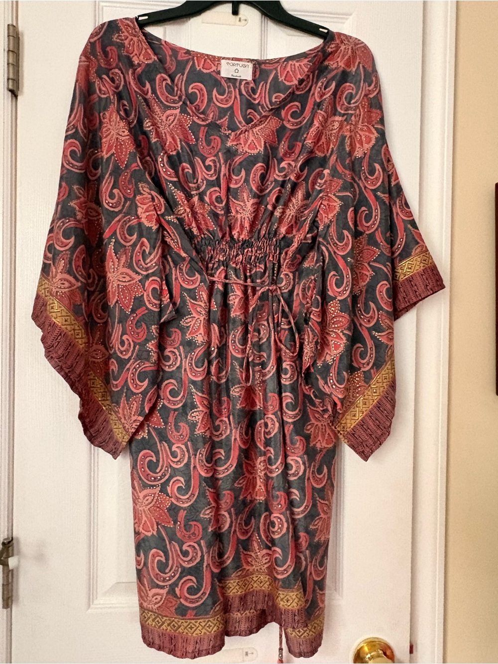 Boho Paisley Tie-Waist Midi Dress in Gray and Coral